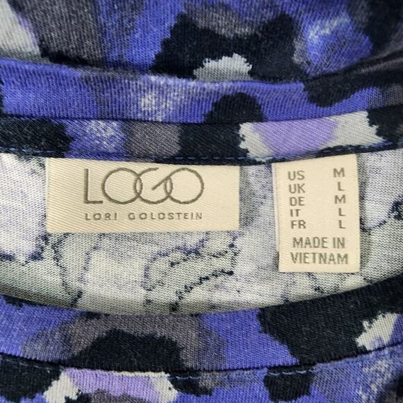 LOGO Lori Goldstein Tunic Top Womens Medium Blue Animal Print Ruffle Hem Knit - Picture 8 of 11